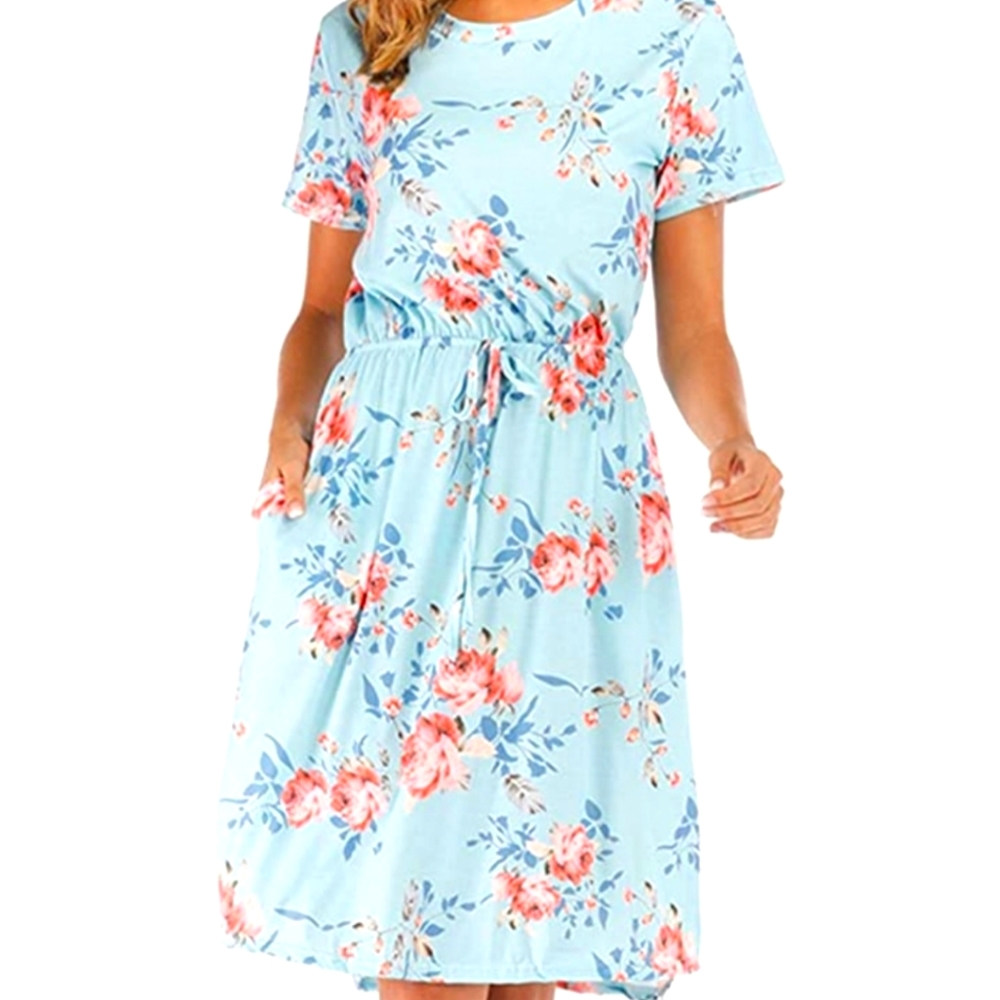 Moskill Floral Short Sleeve Pocket Summer Casual Midi Dress Light Blue Sz L